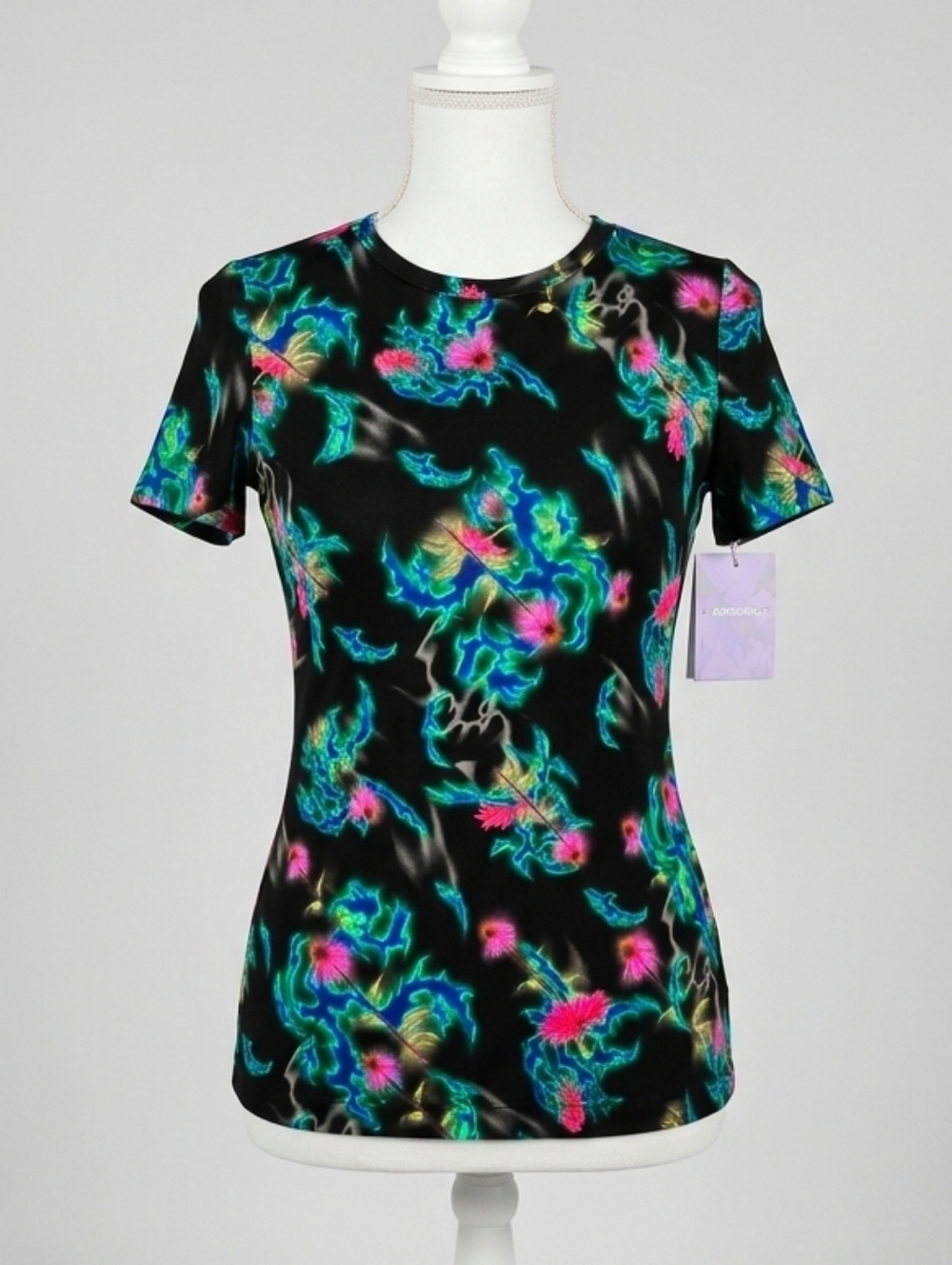 Maccapani Neon Floral Top Slinky Size Small The Skimpy Black Teal NEW $250